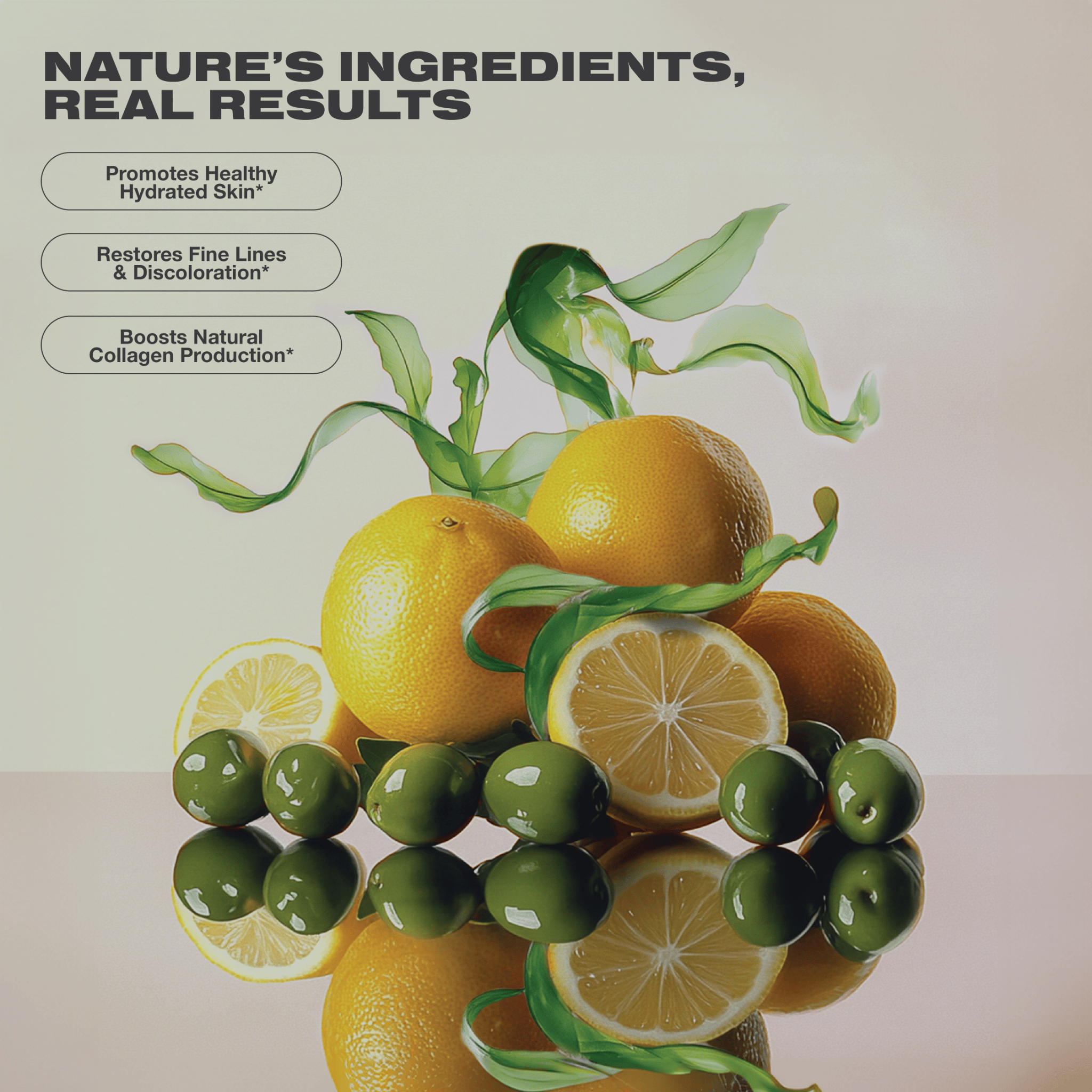 Arrangement of lemons, lemon slices, green olives, and swirling marine algae ribbons with overlayed skincare benefits: promotes healthy hydrated skin, restores fine lines and discoloration, and boosts natural collagen production.